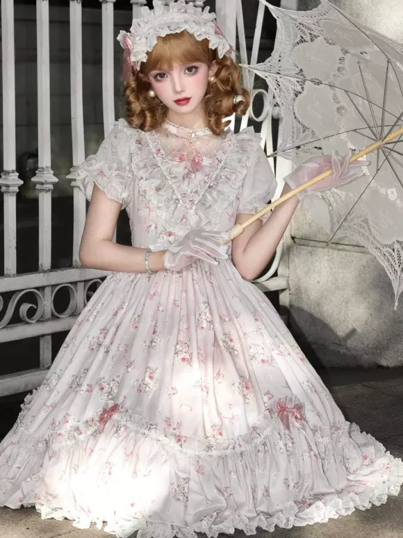 Robe Sweet Lolita rose à manches courtes et volants floraux pour l'été