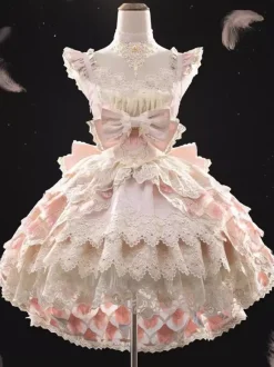 Robe Sweet Lolita sans manches à bordure en dentelle et jupe-salopette bouffante disponible en 3 couleurs