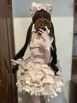 Robe Sweet Lolita sans manches à lacets et volants robe rose avec traîne