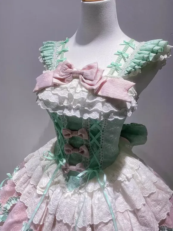 Robe Sweet Lolita vert clair sans manches pull à lacets polyester mode kawaii