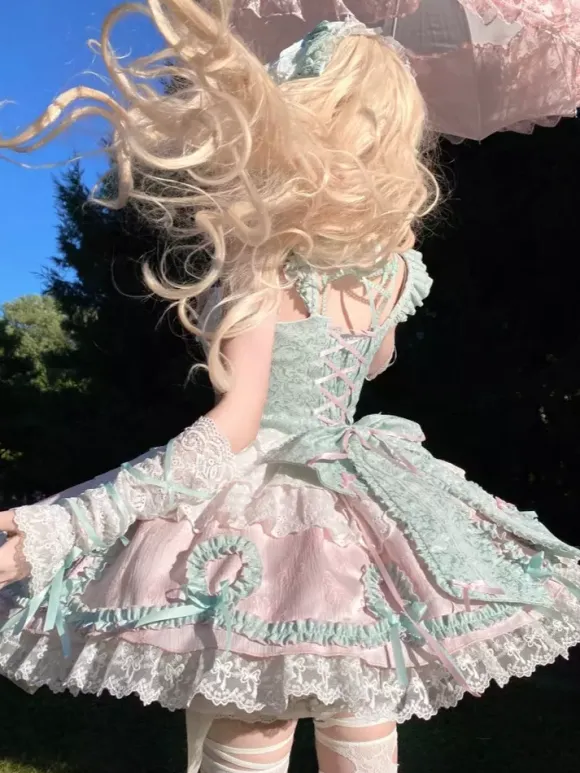 Robe Sweet Lolita vert clair sans manches pull à lacets polyester mode kawaii
