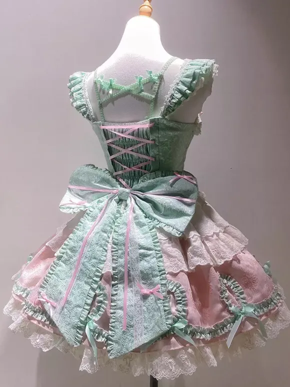 Robe Sweet Lolita vert clair sans manches pull à lacets polyester mode kawaii
