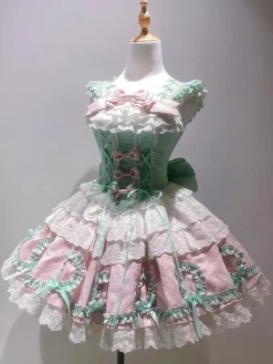 Robe Sweet Lolita vert clair sans manches pull à lacets polyester mode kawaii