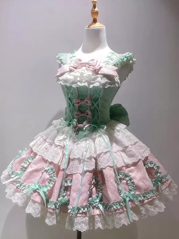 Robe Sweet Lolita vert clair sans manches pull à lacets polyester mode kawaii