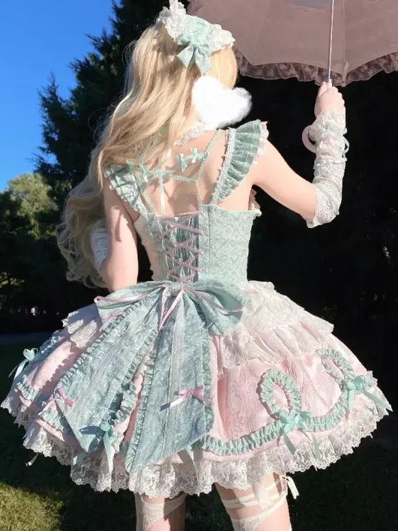 Robe Sweet Lolita vert clair sans manches pull à lacets polyester mode kawaii
