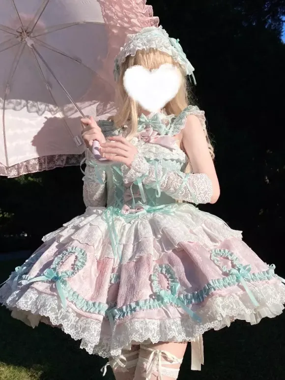 Robe Sweet Lolita vert clair sans manches pull à lacets polyester mode kawaii