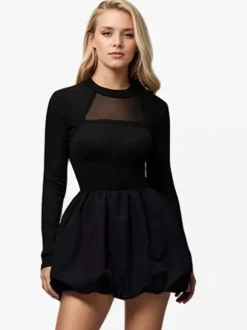 Robe trapèze avec ourlet à bulles col montant manches longues transparente robe courte de fête d'anniversaire pour femmes 2026