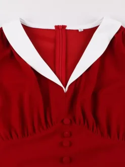 Robe trapèze rétro froncée à col en V et revers contrastés pour femme 2026