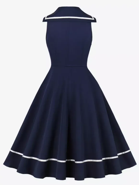 Robe trapèze rétro sans manches à col marin et n艙ud papillon pour femme 2026