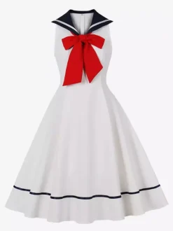 Robe trapèze rétro sans manches à col marin et n艙ud papillon pour femme 2026