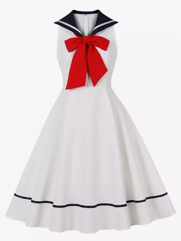 Robe trapèze rétro sans manches à col marin et n艙ud papillon pour femme 2026