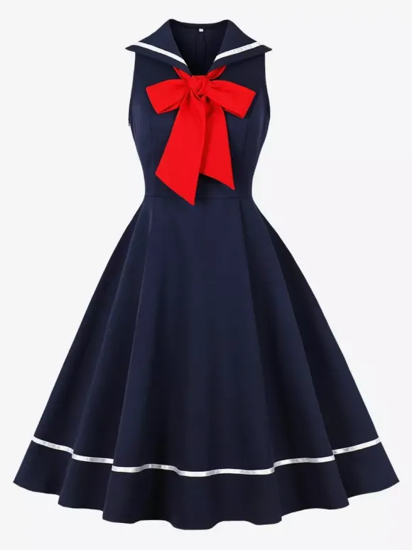 Robe trapèze rétro sans manches à col marin et n艙ud papillon pour femme 2026