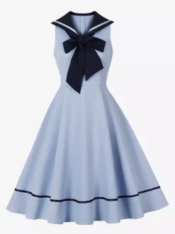 Robe trapèze rétro sans manches à col marin et n艙ud papillon pour femme 2026