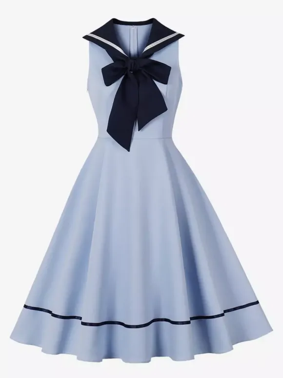 Robe trapèze rétro sans manches à col marin et n艙ud papillon pour femme 2026