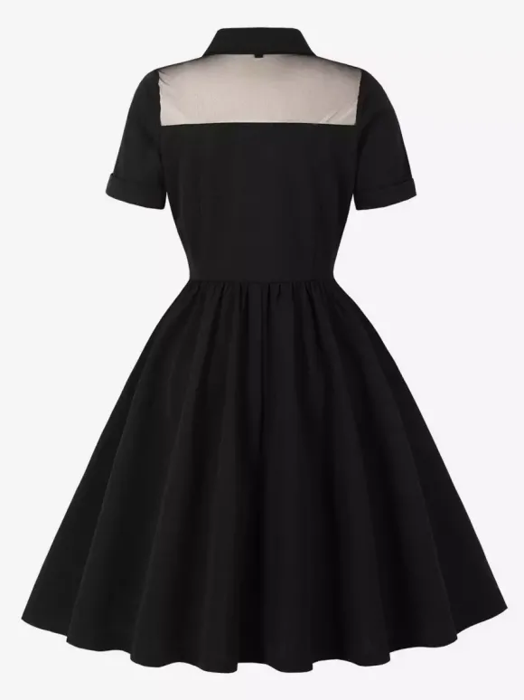 Robe trapèze vintage années 1950 pour femme col contrastant en résille fermeture boutonnée sur le devant