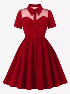 Robe trapèze vintage années 1950 pour femme col contrastant en résille fermeture boutonnée sur le devant