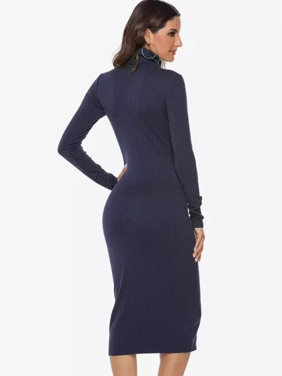 Robe tricotée pour femme en polyester confortable à manches longues et col haut