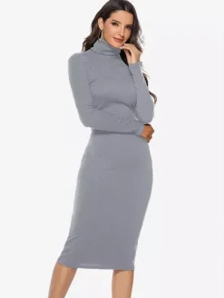 Robe tricotée pour femme en polyester confortable à manches longues et col haut