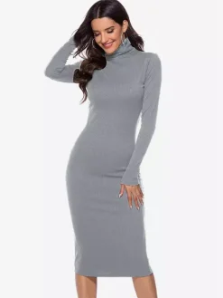 Robe tricotée pour femme en polyester confortable à manches longues et col haut