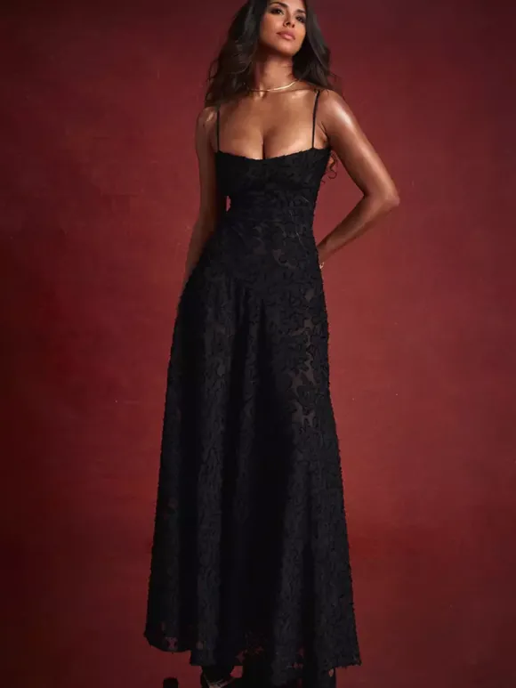 Robe trompette à bretelles spaghetti à lacets et broderie florale Robe de bal longue