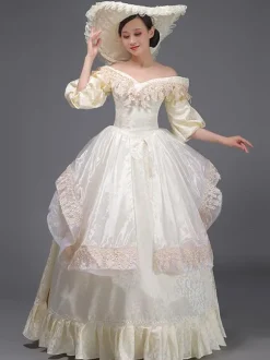Robe Tudor rétro champagne à volants style Marie-Antoinette en polyester style tunique vintage pour femme.