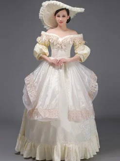 Robe Tudor rétro champagne à volants style Marie-Antoinette en polyester style tunique vintage pour femme.
