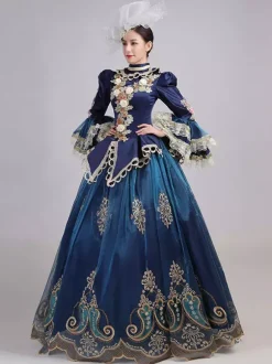 Robe Victorienne Bleu Rétro Robe Victorienne Femmes Dentelle Volants Tunique Couvre-Chef Robe Robe Marie Antoinette Royal Fête Robe De Bal Déguisement Médiéval