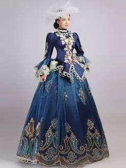 Robe Victorienne Bleu Rétro  Robe Victorienne Femmes Dentelle Volants Tunique Couvre-Chef Robe Robe Marie Antoinette Royal Fête Robe De Bal Déguisement Médiéval
