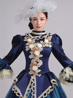 Robe Victorienne Bleu Rétro  Robe Victorienne Femmes Dentelle Volants Tunique Couvre-Chef Robe Robe Marie Antoinette Royal Fête Robe De Bal Déguisement Médiéval
