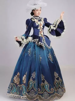 Robe Victorienne Bleu Rétro  Robe Victorienne Femmes Dentelle Volants Tunique Couvre-Chef Robe Robe Marie Antoinette Royal Fête Robe De Bal Déguisement Médiéval