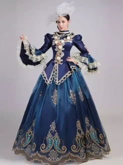 Robe Victorienne Bleu Rétro  Robe Victorienne Femmes Dentelle Volants Tunique Couvre-Chef Robe Robe Marie Antoinette Royal Fête Robe De Bal Déguisement Médiéval
