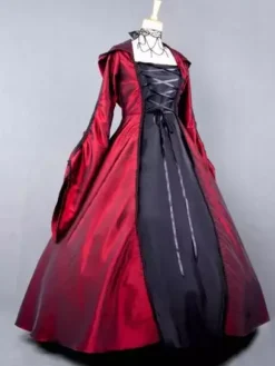 Robe Victorienne médiévale Opéra Déguisement Sorcière Rouge Manche Longue Robe Costume Halloween Bourgogne