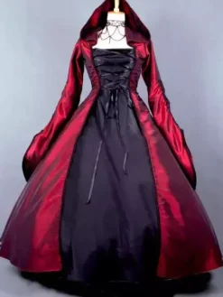 Robe Victorienne médiévale Opéra Déguisement Sorcière Rouge Manche Longue Robe Costume Halloween Bourgogne