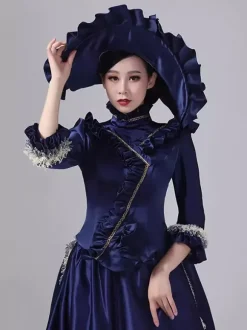 Robe victorienne bleue à tournure et manches évasées robe maxi rétro en polyester avec chapeau.