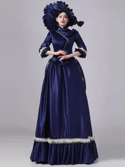 Robe victorienne bleue à tournure et manches évasées robe maxi rétro en polyester avec chapeau.