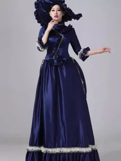 Robe victorienne bleue à tournure et manches évasées robe maxi rétro en polyester avec chapeau.