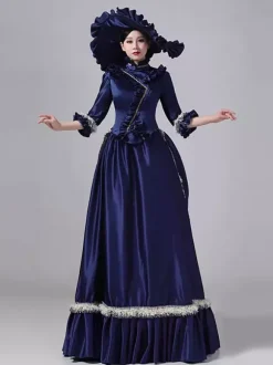 Robe victorienne bleue à tournure et manches évasées robe maxi rétro en polyester avec chapeau.