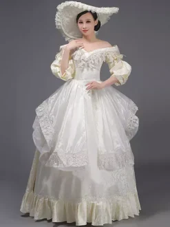 Robe Victorienne Champagne Rétro  Robe Victorienne Femmes Dentelle Volants Robe Marie Antoinette Tunique Robe Chapeau Vintage Mascarade Robe De Bal Déguisement Médiéval