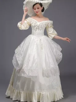 Robe Victorienne Champagne Rétro  Robe Victorienne Femmes Dentelle Volants Robe Marie Antoinette Tunique Robe Chapeau Vintage Mascarade Robe De Bal Déguisement Médiéval