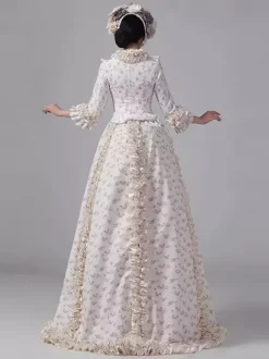 Robe victorienne champagne à volants manches longues fleuries style campagne en polyester maxi rétro avec chapeau.