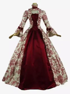 Robe Victorienne Costume Longues imprimés Opéra Col Montant Volant Manches Longues Dos à Lacets Evasée Halloween Bourgogne