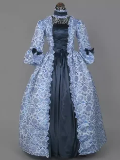 Robe Victorienne Costume Longues imprimés Opéra Col Montant Volant Manches Longues Dos à Lacets Evasée Halloween Bourgogne