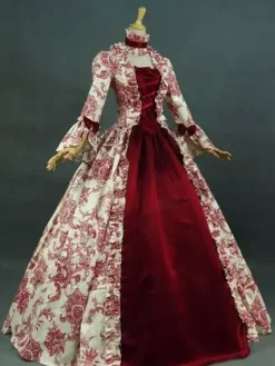 Robe Victorienne Costume Longues imprimés Opéra Col Montant Volant Manches Longues Dos à Lacets Evasée Halloween Bourgogne