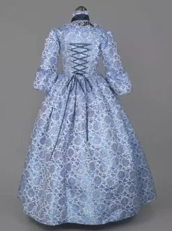 Robe Victorienne Costume Longues imprimés Opéra Col Montant Volant Manches Longues Dos à Lacets Evasée Halloween Bourgogne