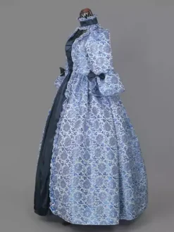 Robe Victorienne Costume Longues imprimés Opéra Col Montant Volant Manches Longues Dos à Lacets Evasée Halloween Bourgogne