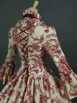 Robe Victorienne Costume Longues imprimés Opéra Col Montant Volant Manches Longues Dos à Lacets Evasée Halloween Bourgogne