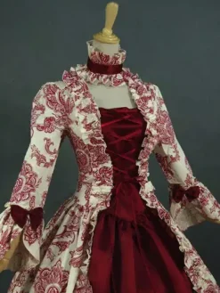 Robe Victorienne Costume Longues imprimés Opéra Col Montant Volant Manches Longues Dos à Lacets Evasée Halloween Bourgogne