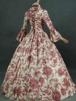 Robe Victorienne Costume Longues imprimés Opéra Col Montant Volant Manches Longues Dos à Lacets Evasée Halloween Bourgogne
