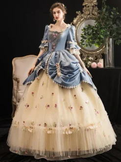 Robe Victorienne Femme Style Marie-Antoinette Champagne à Imprimé Fleuri Robe Rococo à Manches Courtes Évasées et Col Carré pour Bal Masqué