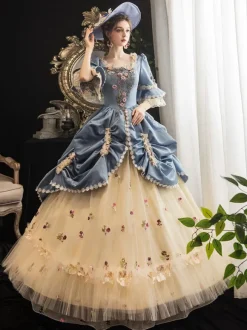 Robe Victorienne Femme Style Marie-Antoinette Champagne à Imprimé Fleuri Robe Rococo à Manches Courtes Évasées et Col Carré pour Bal Masqué